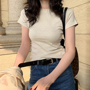 显瘦正肩圆领上衣 不晚Girl纯色T恤女复古美式 短袖 夏季 纯棉修身