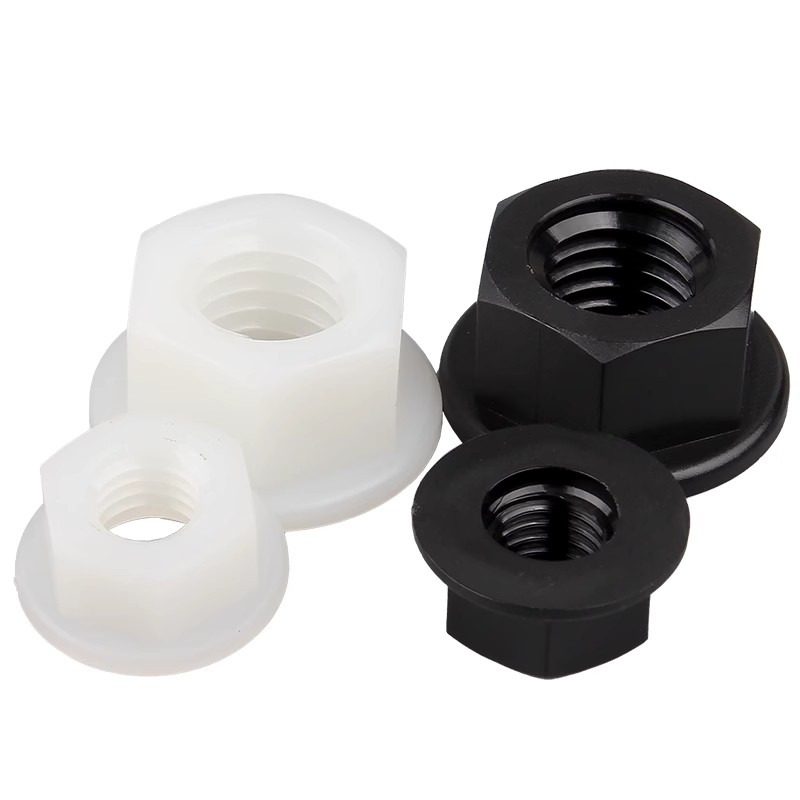 黑色尼龙法兰外六角螺母塑料防松六角螺帽白色绝缘防滑螺帽M3-M12