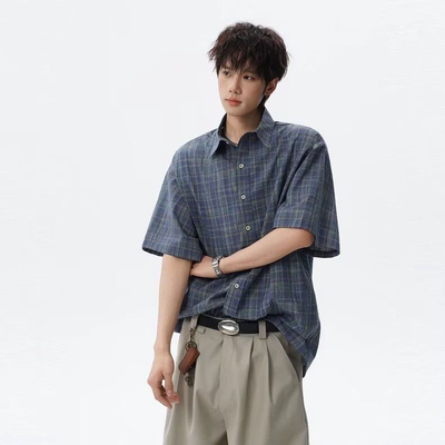 日系复古慵懒格纹短袖衬衫男夏季松弛感宽松休闲百搭通勤衬衣外套