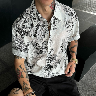 夏威夷夏季薄款短袖花衬衣男复古痞帅宽松印花衬衫度假风速干上衣