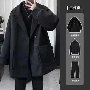 秋冬季毛呢外套男一套加绒休闲套装学生韩版潮流男生冬天帅气大衣