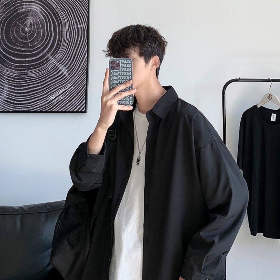 黑色衬衫男长袖韩版潮流痞帅气DK男士外套休闲男装内搭免烫白衬衣