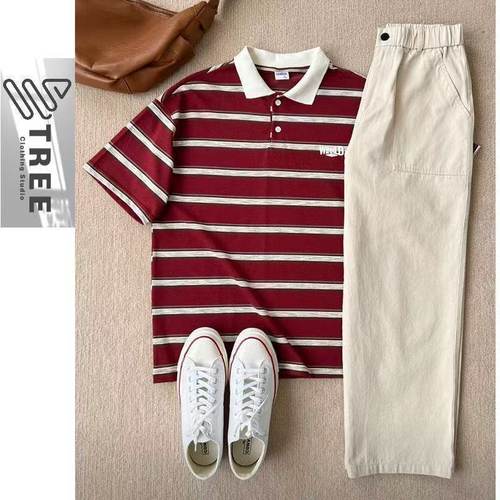 夏季休闲运动套装男模穿搭纽扣短袖上衣POLO衫宽松弯刀长裤两件套