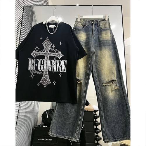 夏季短袖T恤套装男款百搭帅气一整套ins搭配破洞牛仔裤休闲两件套