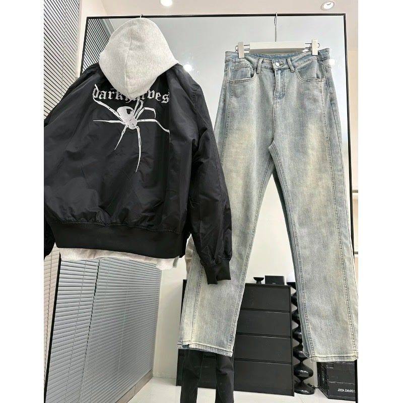 【两件套】美式复古蜘蛛刺绣棒球服外套男套装复古潮牌黄泥牛仔裤