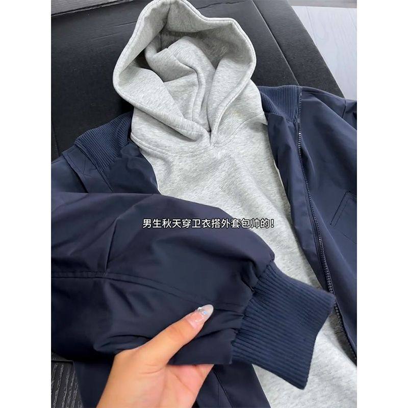 【两件套】美式藏青色立领飞行员夹克高级感工装外套短款棒球服