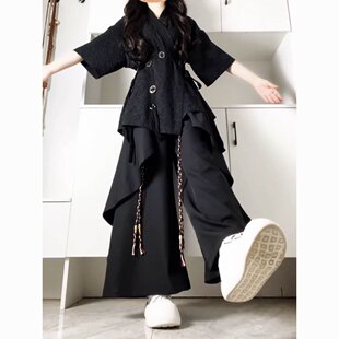穿搭套装 拼接阔腿休闲裤 夏季 复古小众衬衫 两件套 女中式 又酷又飒