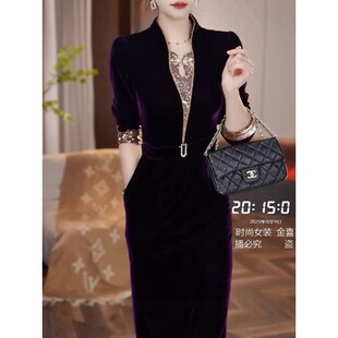 显瘦连衣裙 气质减龄修身 高档仁丝丝绒改良旗袍礼服裙2025秋季 新款