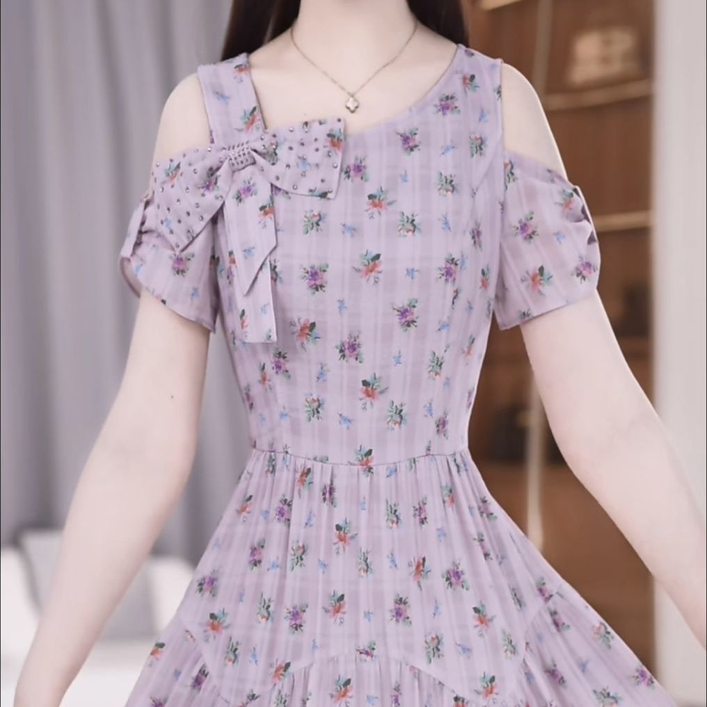 高级冰竹丝优雅气质碎花礼服裙2025夏季新款收腰显瘦减龄连衣裙