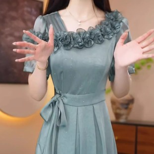 新款 系帶高腰媽媽裙子 輕奢禮服裙2025夏季 高級(jí)冰絲緞氣質(zhì)優(yōu)雅法式