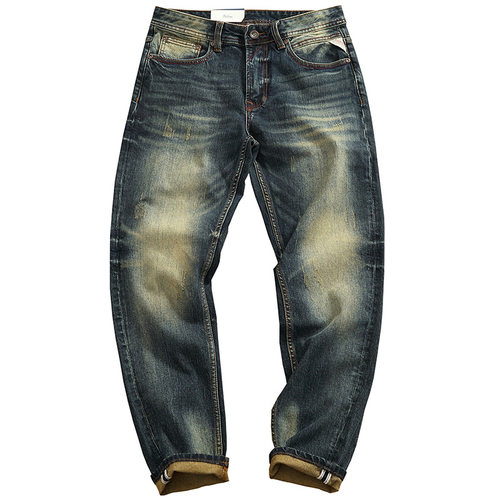 欧货复古潮牌牛仔裤男直筒修身弹力爪痕磨破重磅做旧四季水洗长裤