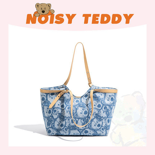 NOISY TEDDY嘻闹泰迪女士包包蓝色印花托特包女大容量百搭单肩包
