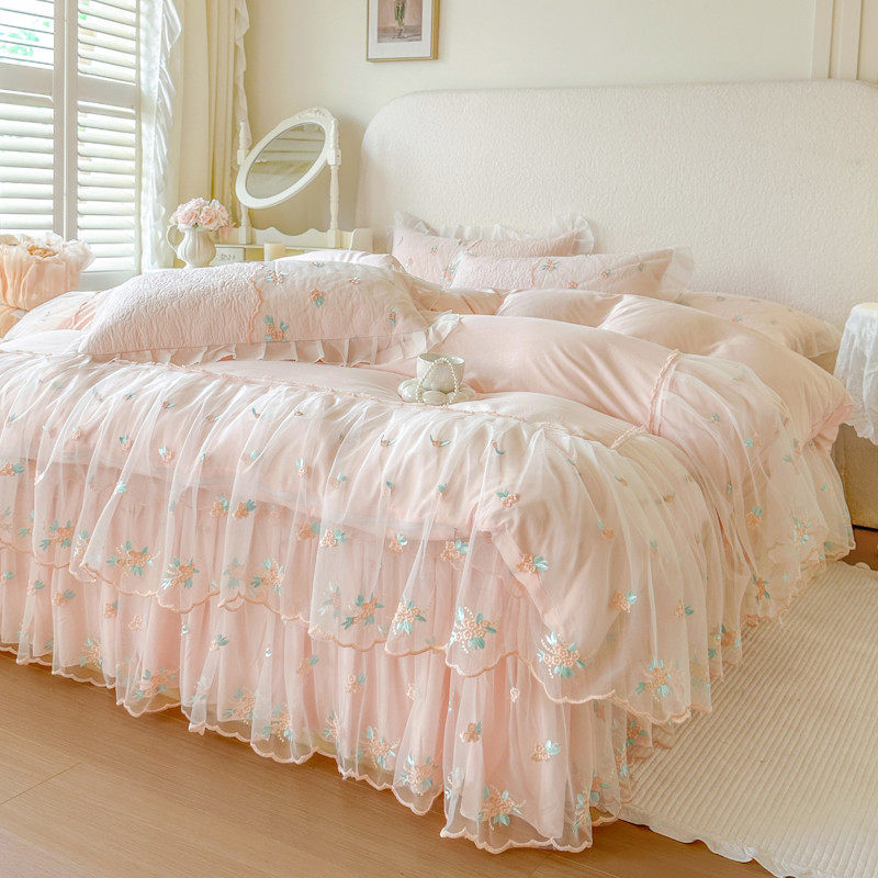 春夏床裙加厚款四件套夹棉床罩式套件公主风床套蕾丝花边被套少女