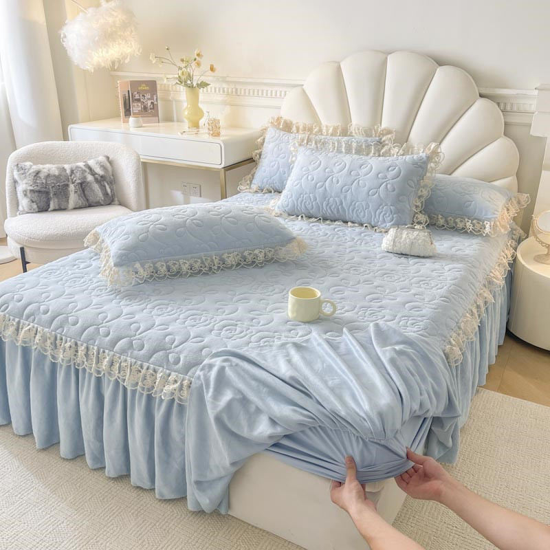 公主风牛奶绒夹棉加顾床裙床罩