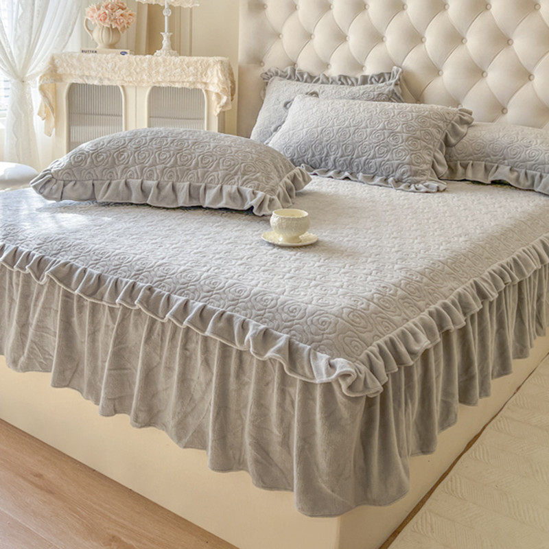 冬保暖加厚牛奶绒花边床裙床笠二合一床罩床垫防尘防滑床套防静电
