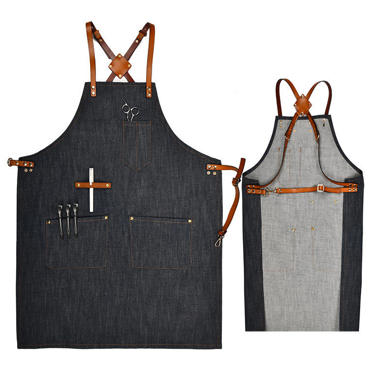 西餐厅同款牛仔围裙帆布挂脖交叉肩带男女厨房咖啡店工作服