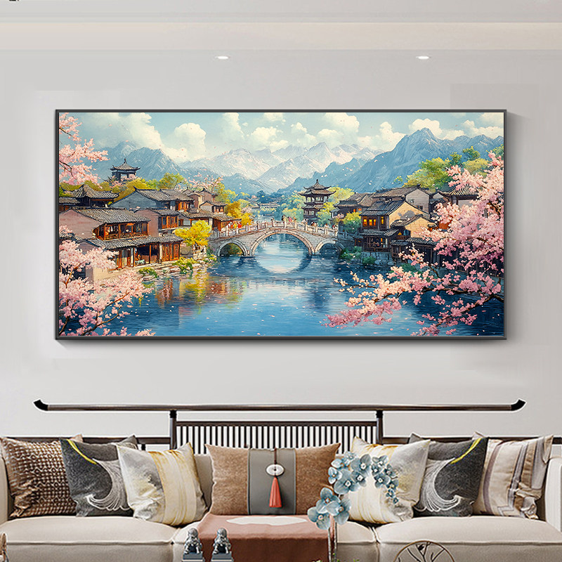 国风江南水镇diy数字油画填充填色肌理画油彩画手绘大尺寸装饰画