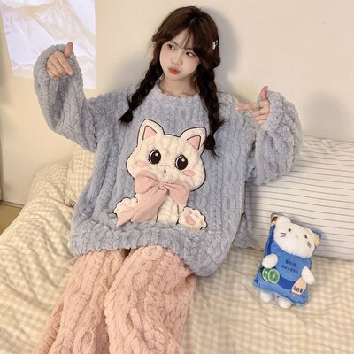 睡衣女秋冬季加厚加绒珊瑚绒少女可爱保暖可外穿法兰绒家居服套装