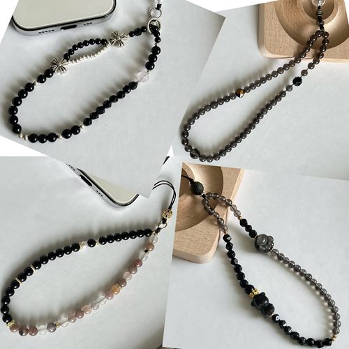 高级感~天然水晶手机链黑曜石挂件钥匙扣醒狮如意编织礼品可批发