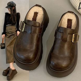 日本进口包头半拖毛毛拖鞋女外穿棉鞋厚底增高8CM加绒勃肯鞋女秋