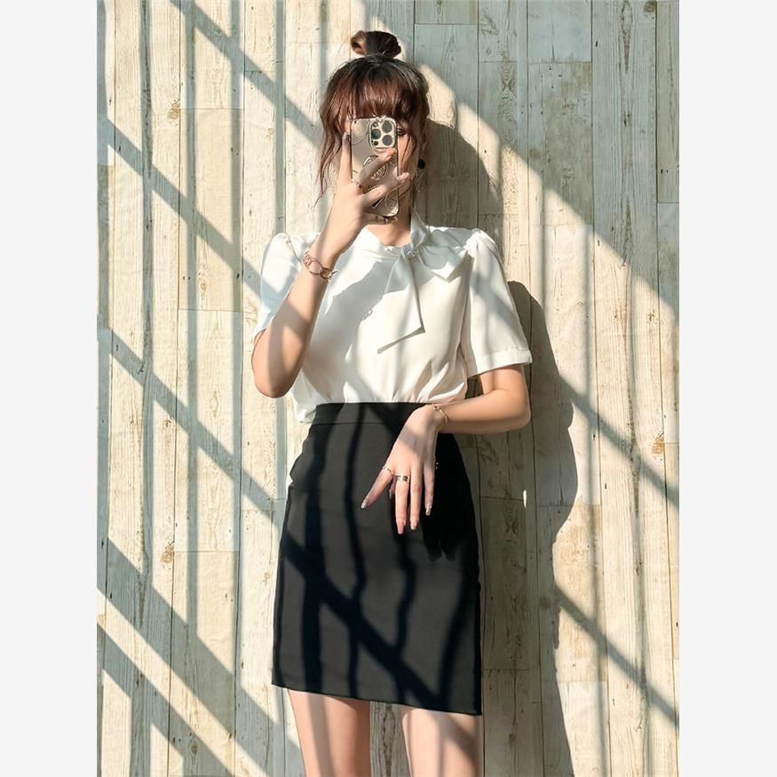 白色蝴蝶结衬衫女气质夏2024新款职业套装裙高级感前台接待工作装