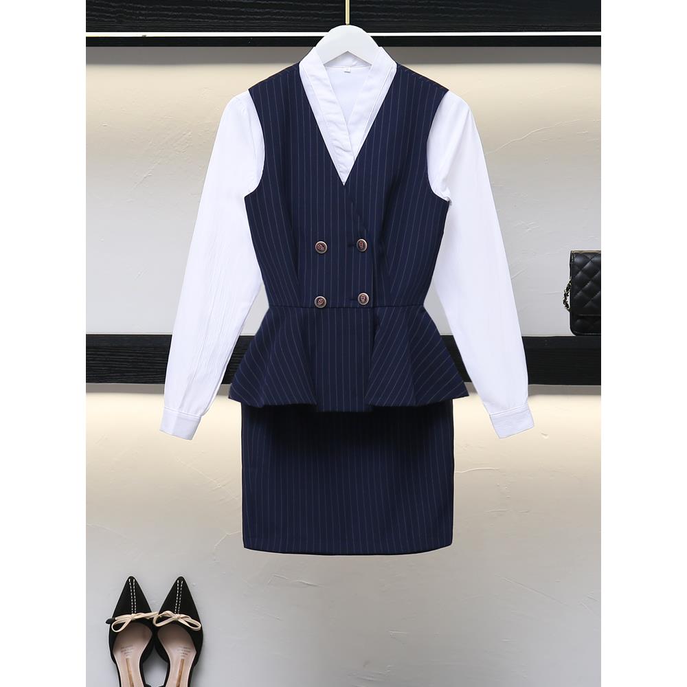 条纹职业套装女秋装三件套气质西装前台珠宝店工作服马甲空姐制服