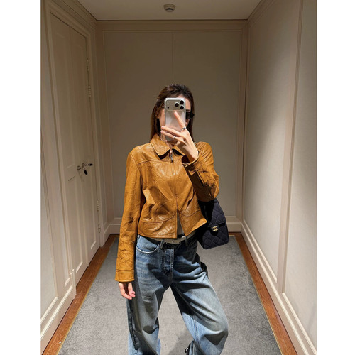 2026秋新女短款山羊皮夹克棕色