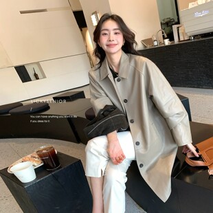 真皮皮衣女中长款2026秋季新款两穿皮风衣翻领宽松廓形极简风外套