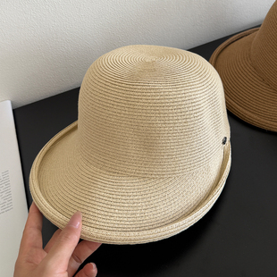 休闲风卷边草编马术帽女夏季棒球帽可折叠鸭舌大头围防晒遮阳帽子