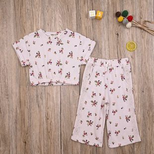 JS外贸套装女宝夏款棉质短袖T上衣女童喇叭裤休闲长裤子两件