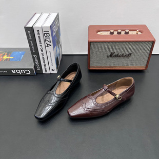 布洛克风t字带低跟单鞋浅口高跟鞋女2026新款复古方头玛丽珍单鞋