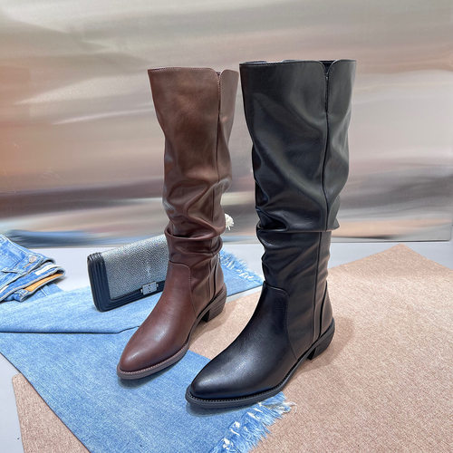 2025秋冬季新款褶皱堆堆靴长筒骑士靴加绒保暖西部瘦瘦靴不过膝靴