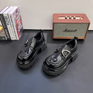 法式黑色皮面乐福鞋女2026春秋新款一脚蹬厚底增高休闲单鞋女鞋潮