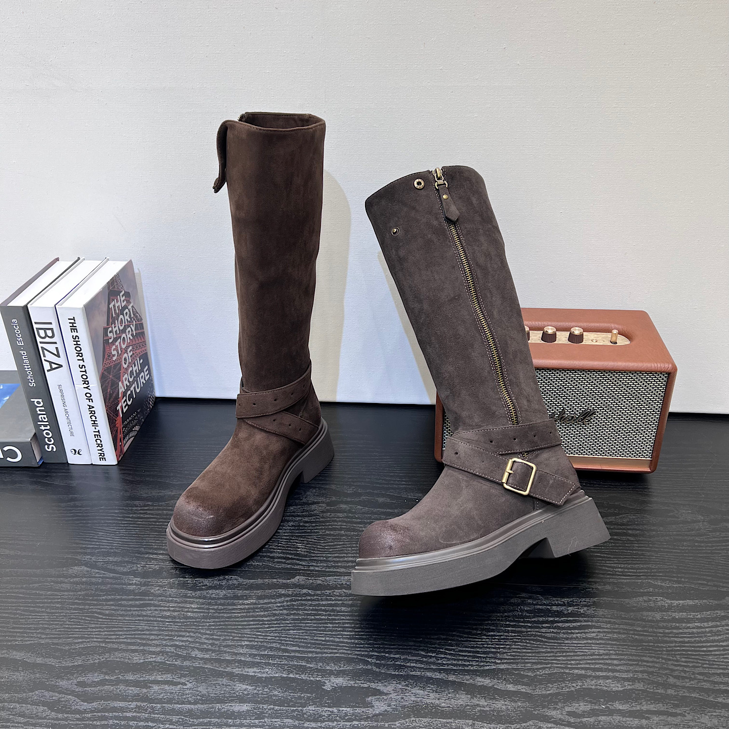 2025新款侧拉链厚底增高骑士靴绒面高筒长靴秋冬大头粗跟长筒女靴