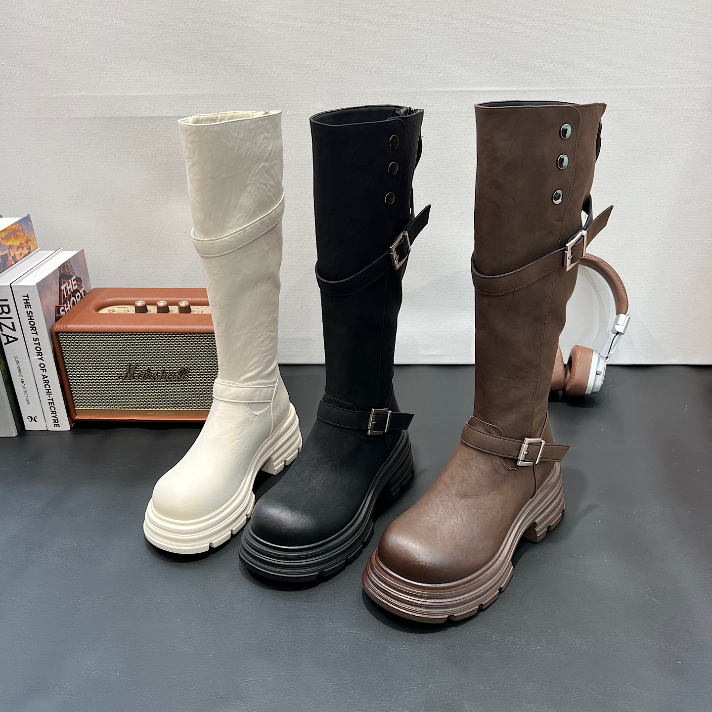 慵懒风复古马丁靴女2025秋冬新款英伦风复古厚底增高白色长筒靴潮