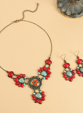 欧美风小众红色花朵项链女套装