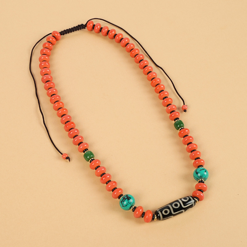 手工复古藏式民族风长款项链男女西藏天珠玛瑙珊瑚色锁骨链配饰品