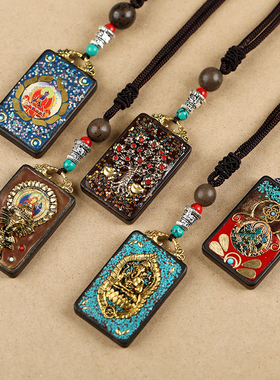 藏式唐卡牌民族风项链黑檀木吊坠
