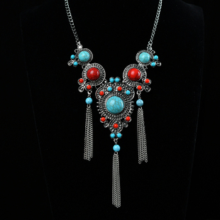 欧美复古异域风长款流苏项链民族风绿松石个性夸张吊坠藏族配饰