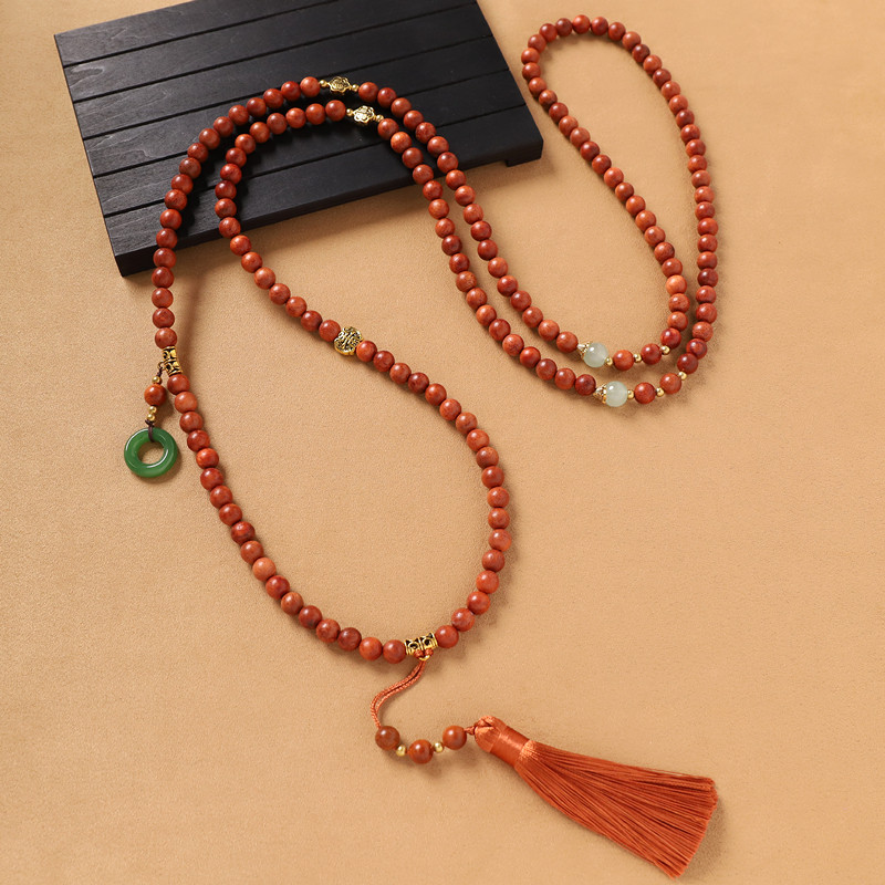 手工串珠新中式花梨木斜挎链国风禅意长款流苏项链叠戴毛衣链背链