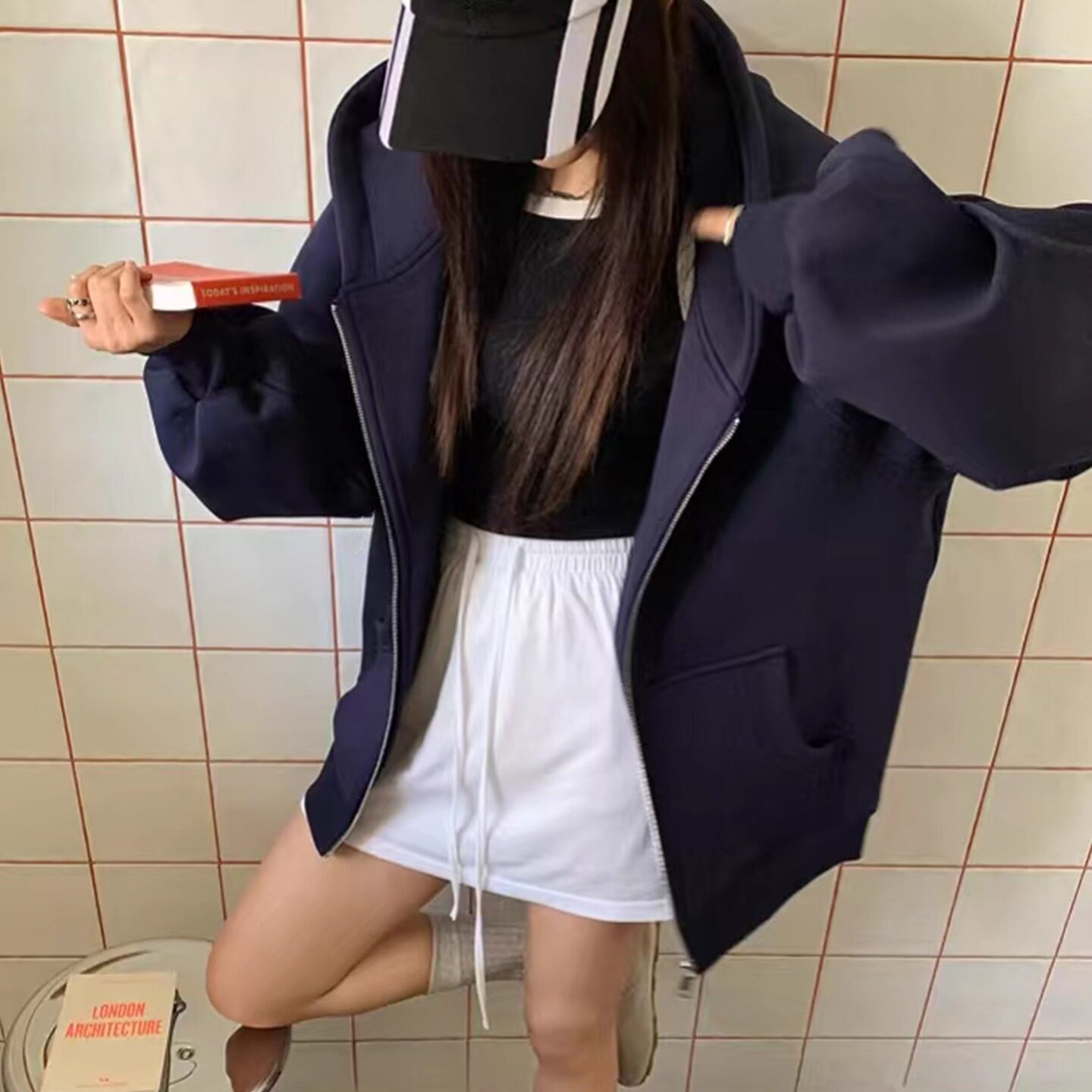 连帽卫衣女款美式复古简约纯色宽松加绒开衫外套小众潮牌2025秋冬