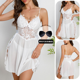 带可拆卸胸垫网纱蕾丝深V吊带睡裙露背透视诱惑性感居家睡裙913