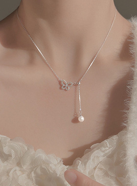 韩系ins锆石蝴蝶吊坠珍珠项链时尚个性优雅锁骨链轻奢高级感项饰