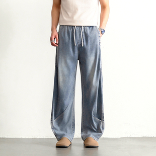 夏季新款宽松牛仔裤男款直筒薄款阔腿裤小弯刀裤垂感休闲抽绳长裤