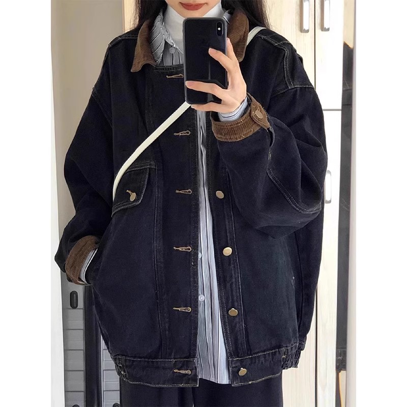 RIRI BAO港风水洗黑色美式复古牛仔外套女春秋设计感宽松夹克上衣