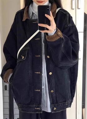 RIRI BAO港风水洗黑色美式复古牛仔外套女春秋设计感宽松夹克上衣