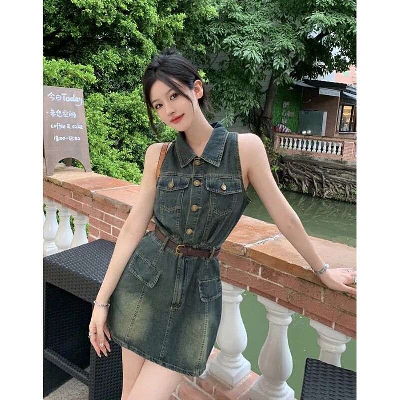 polo领无袖牛仔背心连衣裙女夏季新款复古港味辣妹修身收腰短裙子