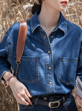 加绒复古深蓝色软牛仔衬衫秋冬不卷边宽松内搭叠穿小个子长袖衬衣