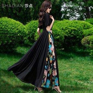 新款 2025夏季 连衣裙女黑色拼接印花显瘦过膝长裙海边大摆裙沙滩裙