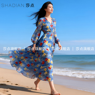 2026新款V领长袖碎花连衣裙女夏气质大摆长款长裙海边度假沙滩裙